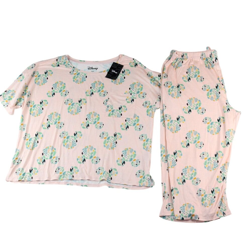 NWT Disney Large Sleepwear Pajama Set Multicolored Floral Mickey Mouse Print - Picture 1 of 16